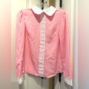 Women's Pink Button-Up Blouse with White Peter Pan Collar